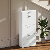 HOMCOM Marble Shoe Storage Cabinet with 3 Flip Drawers, Hallway Cabinet with Top Drawer and Adjustable Shelves, Shoe Cupboard for 18 Pairs, White(m-8)