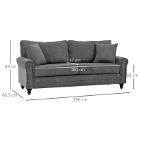 HOMCOM 196cm 3 Seater Sofa, Fabric Sofa with Rubber Wood Legs, Nailhead Trim, 2 Pillows, Small Upholstered Couch Settee for Living Room, Guest Room, Grey(m-3)