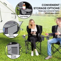 Outsunny Set of 2 Folding Camping Chairs, Padded Camping Chairs with Adjustable Armrests, Portable & Lightweight Folding Camp Chair with Cooler Bag, Cup Holder and Side Pockets, Grey(m-6)