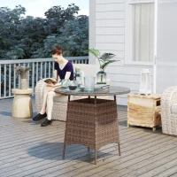 Outsunny Wicker Garden Rattan Table, Patio Furniture Outdoor Coffee Table with Umbrella Hole and Tempered Glass Top, Brown(m-2)