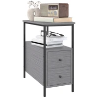 HOMCOM Side Table, Narrow Bedside Table with 2 Drawers and Storage Shelf, Industrial End Table with Metal Frame for Small Spaces, Grey Wood Grain(m-10)