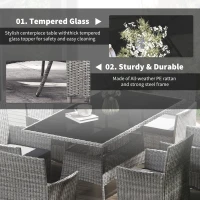 Outsunny 7-Piece Rattan Garden Furniture Set with Cushions, 6 Seater Garden Table and Chairs, Rattan Dining Set with 6 Armchairs, Rectangular Glass Top Table, Charcoal Grey(m-6)