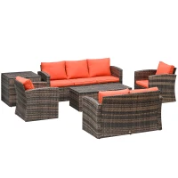 Outsunny 6 Pieces Rattan Garden Furniture Set, 7 Seater Wicker Outdoor Furniture Set with Storage Tea Table & Side Table, Sectional Garden Sofa Set with Cushions, Orange(m-1)