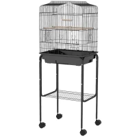 PawHut Bird Cage Budgie Cages for Finch Canary Parakeet with Stand Wheels Slide-out Tray Accessories Storage Shelf, Black(m-11)