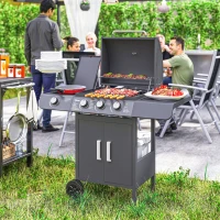 Outsunny 3+1 Burner Gas BBQ Grill, Outdoor Barbecue Trolley with Wheels, Warming Rack, Side Shelves, Cabinet, Thermometer for Garden, Party, Camping, 110L x 50W x 100Hcm, Grey(m-2)