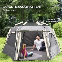 Outsunny Instant Pop Up Camping Tent, 2/3/4 Person Easy Setup Dome Family Tent with Vestibule, Rainfly, 4 Mesh Windows & 2 Doors, Hexagonal Design, Waterproof & UV Protected, Dark Grey(m-5)