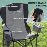 Outsunny Set of 2 Folding Camping Chairs, Padded Camping Chairs with Adjustable Armrests, Portable & Lightweight Folding Camp Chair with Cooler Bag, Cup Holder and Side Pockets, Grey(m-4)