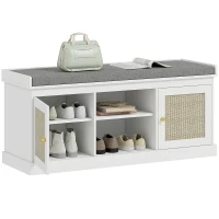 HOMCOM Boho Shoe Storage Bench with Padded Cushion and Rattan Doors - White(m-10)