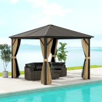 Outsunny 3 x 3(m) Metal Hardtop Gazebo, with Curtains and Accessories - Brown(m-2)