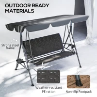 Outsunny 3 Seater Swing Chair, Garden Swing Seat Bench with Adjustable Canopy, Rattan Seat and Steel Frame for Patio, Yard, Grey(m-6)