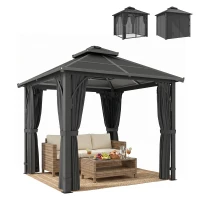 Outsunny 2.5 x 2.5 m Hardtop Gazebo Canopy with 7mm PC Roof, Garden Gazebo Permanent Pavilion with Netting, Curtains, Dark Grey(m-10)