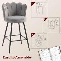 HOMCOM Set of Two Velvet-Feel Lotus Bar Stools - Grey(m-7)