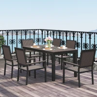 Outsunny 6 Seater Garden Dining Set with Stackable Chairs, Aluminium Frame, Rectangular Plastic Top, Garden Furniture Set, Outdoor Dining Table and Chairs for Patio, Balcony, Poolside, Brown(m-2)