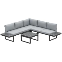 Outsunny 4 Pieces Garden Furniture Set, 5-Level Reclining Garden Corner Sofa Set, Outdoor Lounge Conversation Sectional with Cushions, Wood Effect Plastic Table, Black Frame & Light Grey Cushion(m-11)
