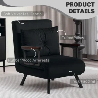 HOMCOM 4-in-1 Velvet-Feel Single Chair Bed, with Pillow - Black(m-6)