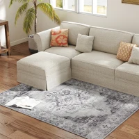 HOMCOM Vintage Area Rug, Non-Slip Washable Rug, Flannel Floor Carpet for Living Room, Bedroom, Dining Room, Home Office, 170 x 120 cm, Grey(m-8)
