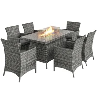 Outsunny 7 Pieces Outdoor Rattan Garden Furniture with Fire Pit Table, 6 Seater Garden Table and Chairs with Cushions, Rattan Dining Set with Propane Heater Table, Windscreen, 50,000 BTU, Grey(m-10)