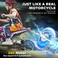 HOMCOM 24V Electric Motorbike with Twist Grip Throttle, Music, Horn, 12" Pneumatic Tyres, 16km/h Max Speed - Pink(m-5)