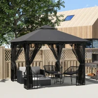 Outsunny 3 x 3m Garden Gazebo Patio Party Tent Shelter Outdoor Canopy Double Tier Sun Shade with Metal Frame and Netting, Dark Grey(m-2)