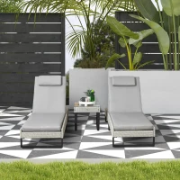 Outsunny 3-piece PE Rattan Sun Lounger Set with Adjustable 5-Position Recliner, Patio Chaise Lounge Chair Set with Cushions, Headrests, Glass Top Square Coffee Table, Light Grey(m-2)