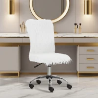 HOMCOM Plush Office Desk Chair, Modern Armless Swivel Vanity Chair with Adjustable Height for Home Office, Bedroom, Living Room, White(m-2)