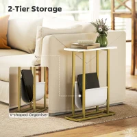 HOMCOM Narrow Side Table, End Table with Magazine Holder, Nightstand for Small Spaces, Living Room, Bedroom, White Marble Grain(m-5)