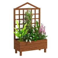 Outsunny Garden Planters with Trellis for Vine Climbing, Distressed Wooden Raised Beds, 90x43x150cm, Brown(m-10)