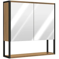 HOMCOM Bathroom Mirror Cabinet with Soft-Close Doors and Adjustable Shelf - Natural Wood Finish(m-1)