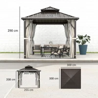 Outsunny 3 x 3(m) Hardtop Gazebo Canopy with Double Metal Roof, Waterproof Permanent Pavilion Garden Gazebo with Netting and Curtains, Easy to Assemble, Beige(m-3)