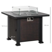 Outsunny Square Propane Gas Fire Pit Table, 50000 BTU Rattan Smokeless Firepit Patio Heater with Glass Screen, Glass Beads and Lid, 81cm x 81cm x 64cm, Black(m-3)