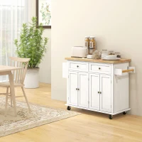 HOMCOM Rolling Kitchen Island Storage Trolley with Rubber Wood Top & Drawers for Dining Room, White(m-2)