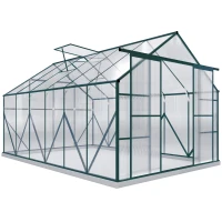 Outsunny 8 x 12ft Aluminium Greenhouse Polycarbonate Walk in Garden Greenhouse Kit with Adjustable Roof Vent, Double Sliding Door, Rain Gutter and Foundation, Clear(m-1)