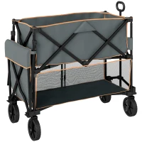 Outsunny Double Decker Folding Festival Trolley on Wheels, 200KG & 350L Capacity Collapsible Wagon Festival Trolley Cart with 134cm Extended for Camping Sports Shopping Garden and Beach, Grey(m-11)
