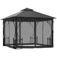 Outsunny 3 x 3m Garden Gazebo Patio Party Tent Shelter Outdoor Canopy Double Tier Sun Shade with Metal Frame and Netting, Dark Grey(m-11)