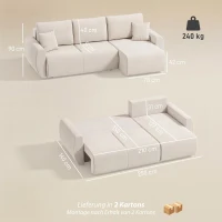 HOMCOM Sofa rozkładana z odwracalną leżanką, L-kształt 3-osobowa sofa ze sztucznego zamszu, kremowo-biała(m-3)