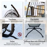 Outsunny Hanging Egg Chair Outdoor Indoor Garden Swing Chair with Folding Basket and Thickened Cushion, Garden Hanging Chair with Stand, Headrest, Cup Holder for Patio, Balcony, Dark Grey(m-7)