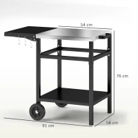 Outsunny BBQ Trolley with Stainless Steel Top and Foldable Side Table, Outdoor Kitchen Barbecue Station with Hooks and Shelf, Pizza Oven Table Movable Outdoor Grill Dining Cart with Cover, Black(m-3)