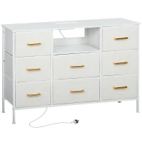 HOMCOM Boucle Chest of Drawers, 8 Fabric Drawers Storage Organiser with Charging Station, 2 USB and 2 AC Ports, Steel Frame, Fabric Dresser for Living Room, Bedroom, Hallway, Cream White(m-1)