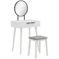 HOMCOM Modern Dressing Table with Round Mirror and Stool, Makeup Vanity Table with 2 Drawers for Bedroom, Living Room, 60 x 40 x 123 cm, White(m-1)