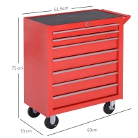 DURHAND Carrello Porta Attrezzi con 7 Cassetti, Tappetini in EVA, Serratura e 2 Chiavi, Ruote con Freno, Maniglia, Rosso(m-3)