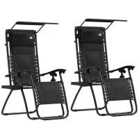 Outsunny Zero Gravity Lounger Chair Set of 2, Folding Reclining Patio Chair with Shade Cover, Padded Seat, Cup Holder, Soft Cushion and Headrest for Poolside, Camping, Black(m-11)