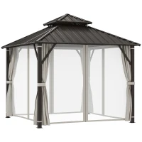 Outsunny 3 x 3(m) Hardtop Gazebo Canopy with Double Metal Roof, Waterproof Permanent Pavilion Garden Gazebo with Netting and Curtains, Easy to Assemble, Beige(m-1)