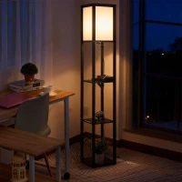 HOMCOM Lampada da Terra Moderna, Lampadina Illuminazione Interna Salvaspazio con Ripiani da Soggiorno Cotone, MDF 26 x 26 x 160 cm Nero e Bianco(m-2)