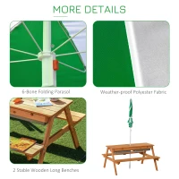 Outsunny Kids Picnic Table with Benches, Wooden Sand and Water Table, Adjustable Parasol, Storage Bins, for Kids 3-6 Years, Brown(m-7)