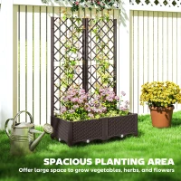 Outsunny Raised Garden Bed with Trellis, Plastic Planter Box with Drainage Holes, Drain Plugs and Water Reservoirs for Climbing Plants, Vegetables, Flowers, Brown(m-7)