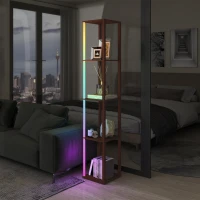 HOMCOM RGB LED Floor Lamp with Shelves, Modern Dimmable Standing Lamp with Remote Control, Adjustable Brightness & Speed for Living Room, Bedroom, Office, Brown(m-9)