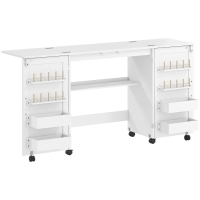 HOMCOM Folding Sewing Table with 2 Magnetic Doors, Storage Shelf, Lockable Wheels, Space Saving, White
