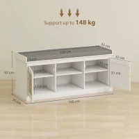 HOMCOM Boho Shoe Storage Bench with Padded Cushion and Rattan Doors - White(m-3)
