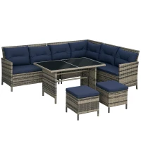 Outsunny 7-Seater Patio wicker Sofa Set Rattan Chair Furniture w/ Glass & Cushioned, Dark Blue(m-10)