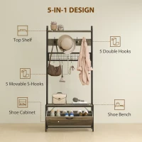 HOMCOM 5-In-1 Industrial-Style Hallway Tree - Grey/Black(m-4)